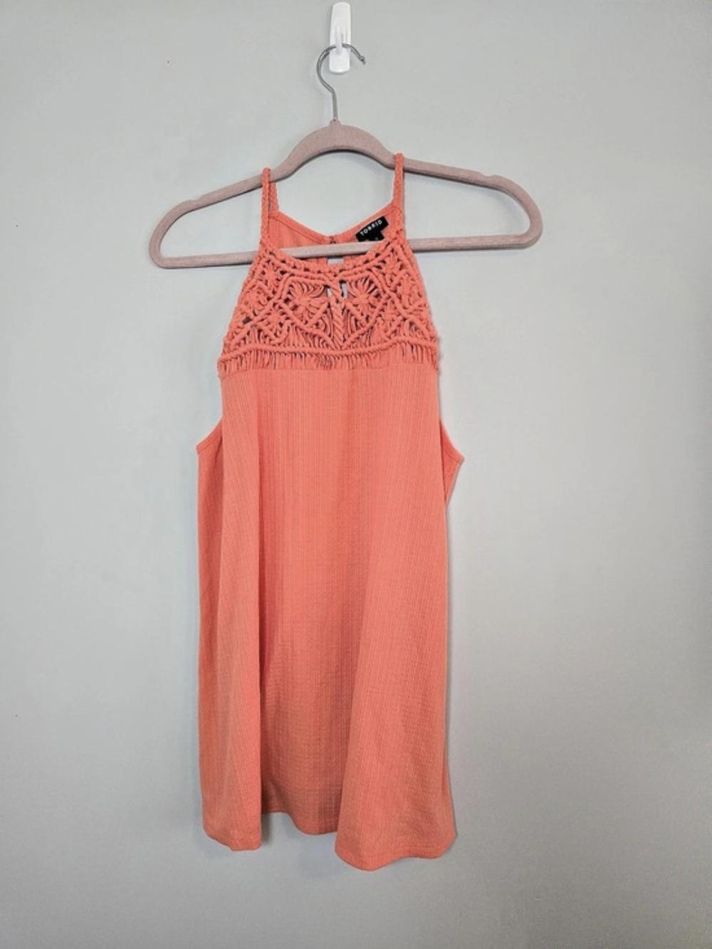 Torrid Coral Orange Crochet Halter Gauze Tank Top Size 0 L 12